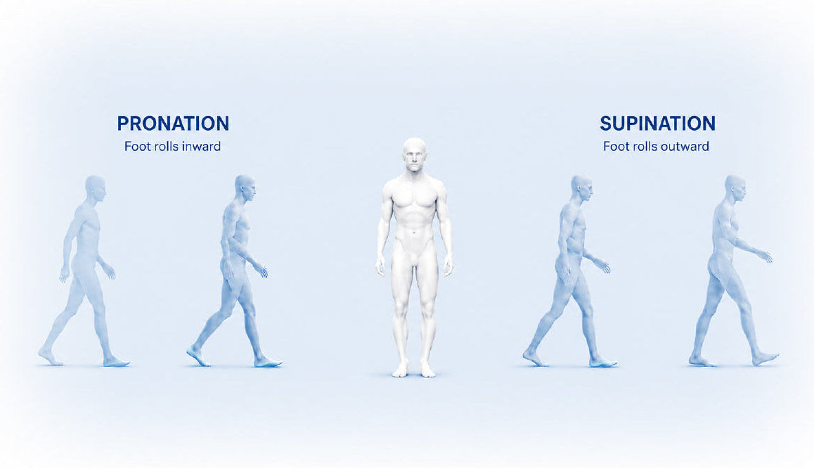 A white 3D model of a human figure shown from the front, centered on a light blue gradient background, with two side figures labeled PRONATION and SUPINATION demonstrating rotational positions.