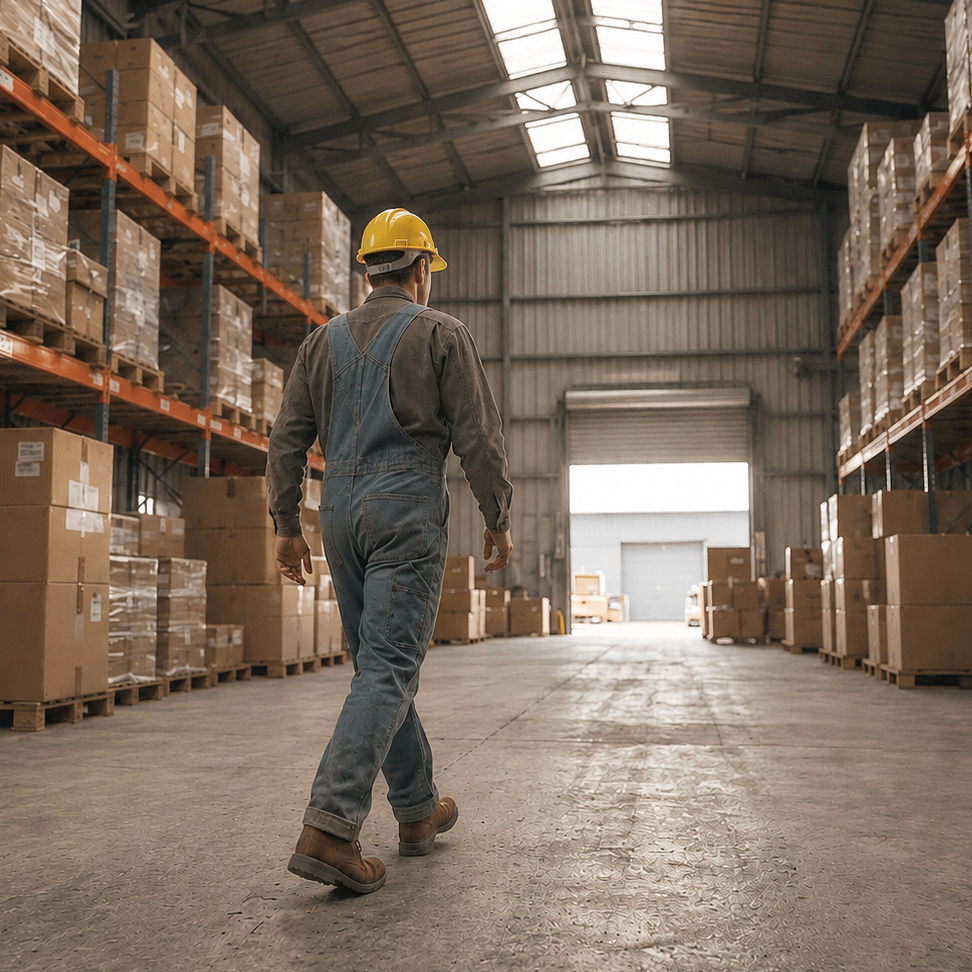 Worker in a warehouse with boxes and shelves. Interpod comfort orthotic insoles