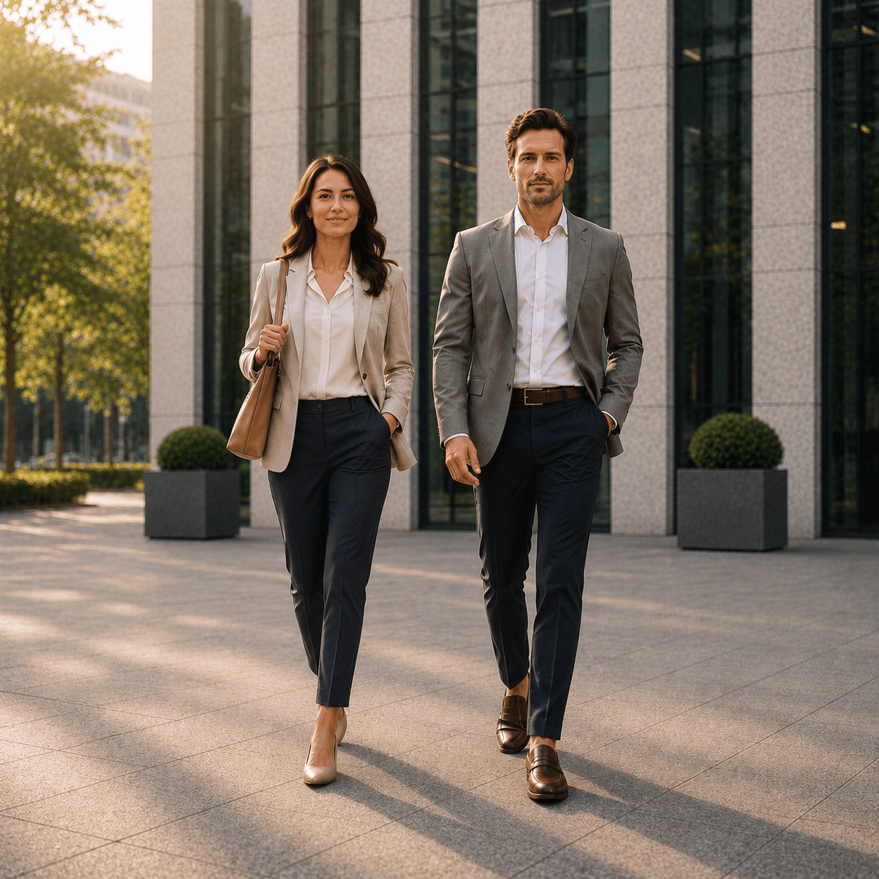 Business woman and man walking in Interpod slimfit orthotic insoles